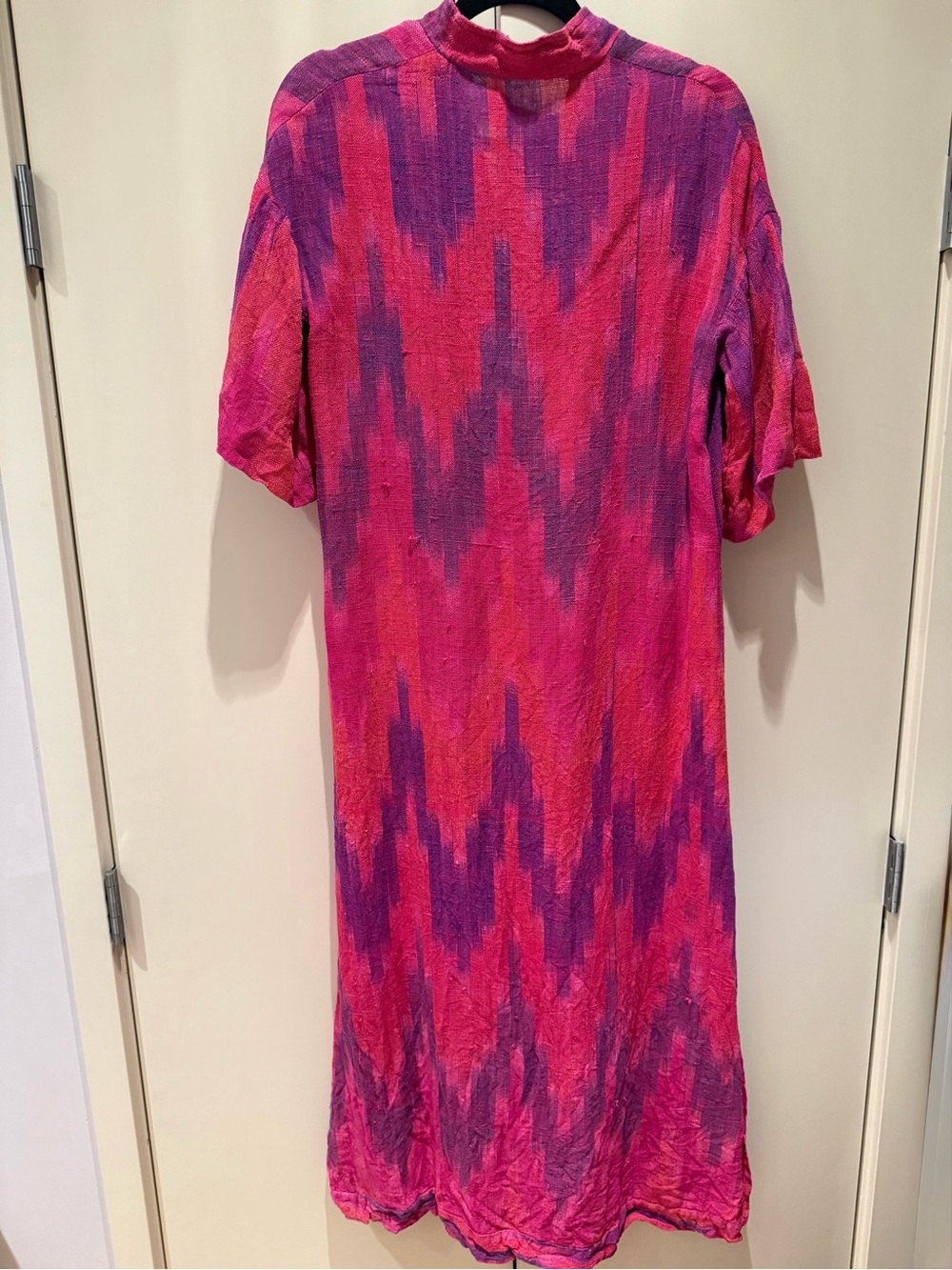 Vintage High neck Bright Pink & Purple Ikat handmade woven Maxi Dress M - Picture 3 of 4